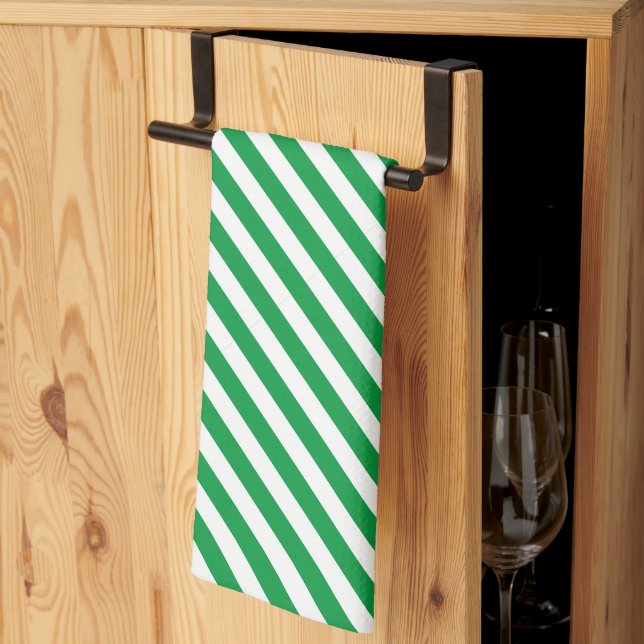 Diagonal White and Green Striped  Kitchen Towel (Thirds Fold)