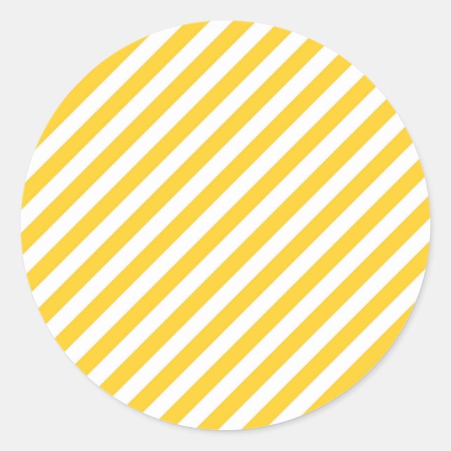 Diagonal yellow and white stripes pattern  classic round sticker (Front)