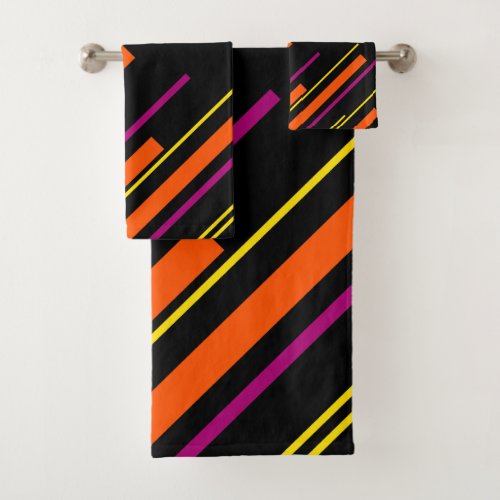 Diagonals _ Black Pink Orange and Yellow Bath Towel Set