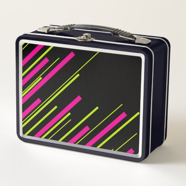 Diagonals in Lime Green, Hot Pink and Black Metal Lunch Box (Front)