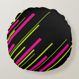 Diagonals in Lime Green, Hot Pink and Black Round Pillow