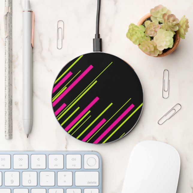 Diagonals in Lime Green, Hot Pink and Black Wireless Charger (Desk)