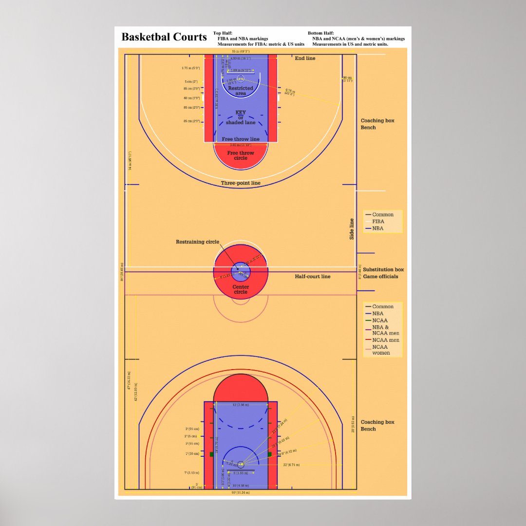 Diagram of NBA WNBA NCAA and FIBA Basketball Court Poster Zazzle