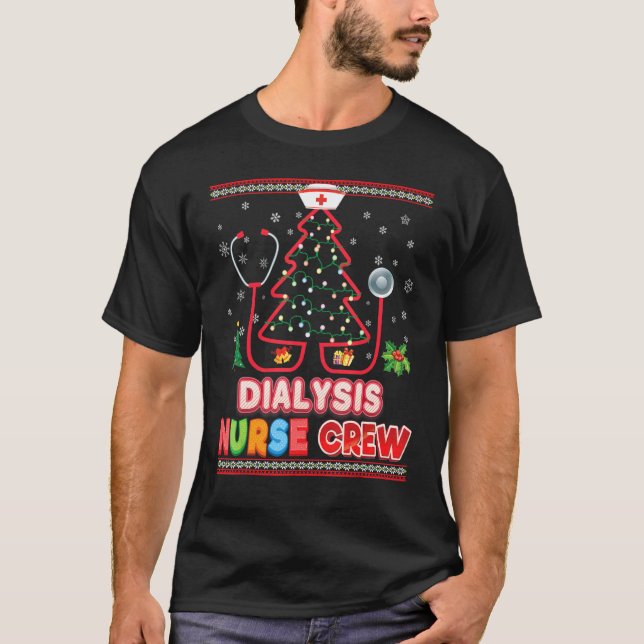 Dialysis Nurse Crew Christmas Tree Stethoscope Swe T-Shirt (Front)