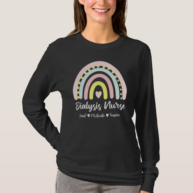 Dialysis Nurse Heal Motivate Inspire Boho Rainbow T-Shirt (Front)