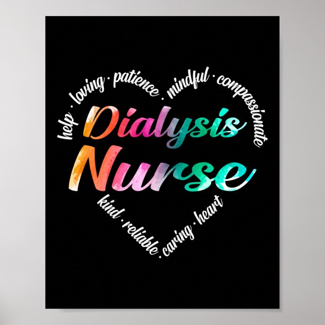 Dialysis Nurse Heart Word Cloud Watercolor Rainbow Poster (Front)