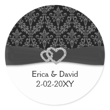 diamante damask charcoal wedding classic round sticker