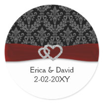 diamante damask red wedding classic round sticker