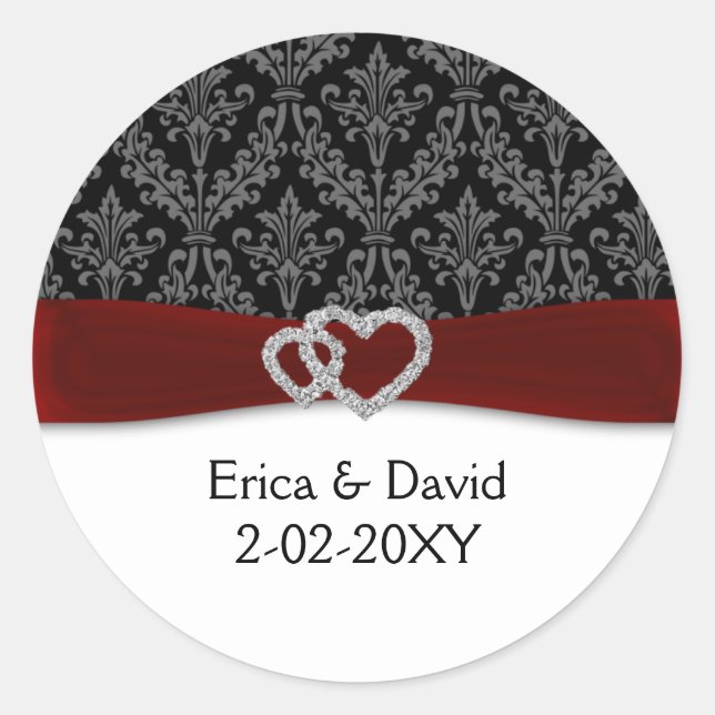 diamante damask red wedding classic round sticker (Front)