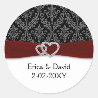 diamante damask red wedding classic round sticker