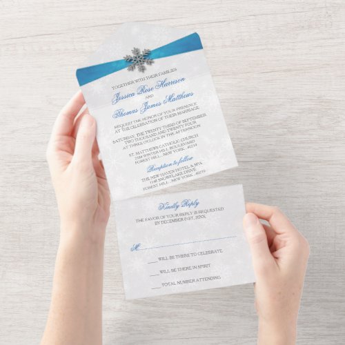 Diamante Snowflake  Blue Ribbon Winter Wedding All In One Invitation