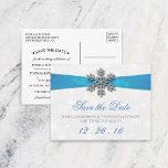 Diamante Snowflake & Blue Ribbon Winter Wedding Announcement Postcard<br><div class="desc">The diamante snowflake & blue ribbon wedding collection is perfect for any couple planning a romantic winter wedding celebration. The design features a light silvery grey and white snowflake textured background with a diamante snowflake on top of a silky looking ribbon. The wording incorporates the same silvery grey and blue...</div>