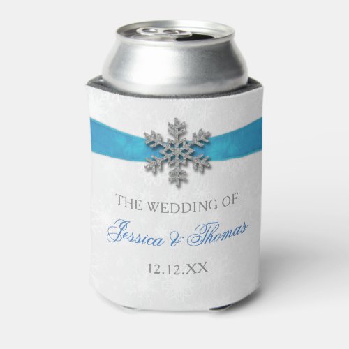 Diamante Snowflake  Blue Ribbon Winter Wedding Can Cooler