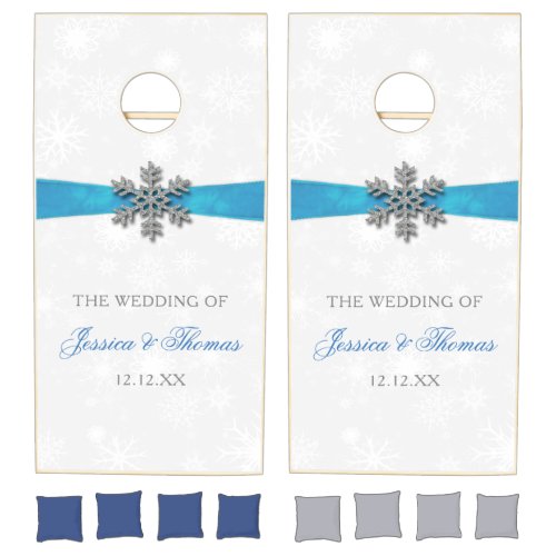 Diamante Snowflake  Blue Ribbon Winter Wedding Cornhole Set