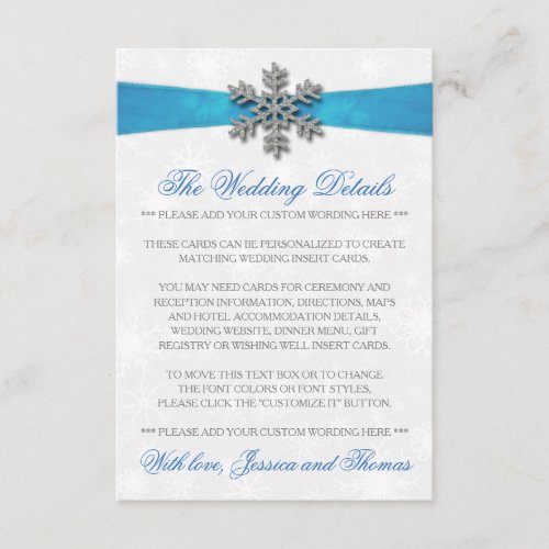 Diamante Snowflake  Blue Ribbon Winter Wedding Enclosure Card