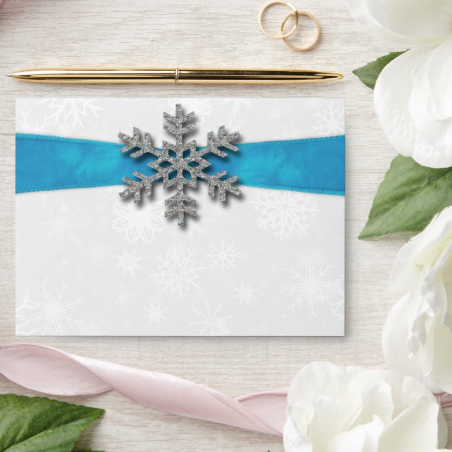Diamante Snowflake & Blue Ribbon Winter Wedding Envelope (Wedding)