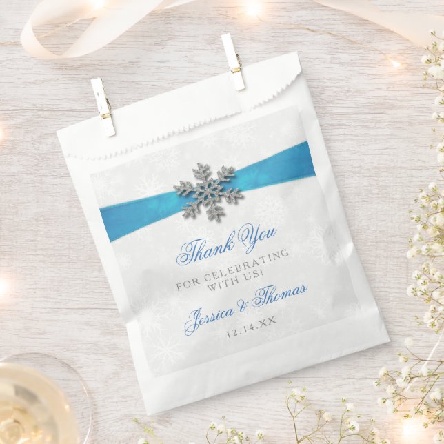 Diamante Snowflake & Blue Ribbon Winter Wedding Favor Bag (Clipped)