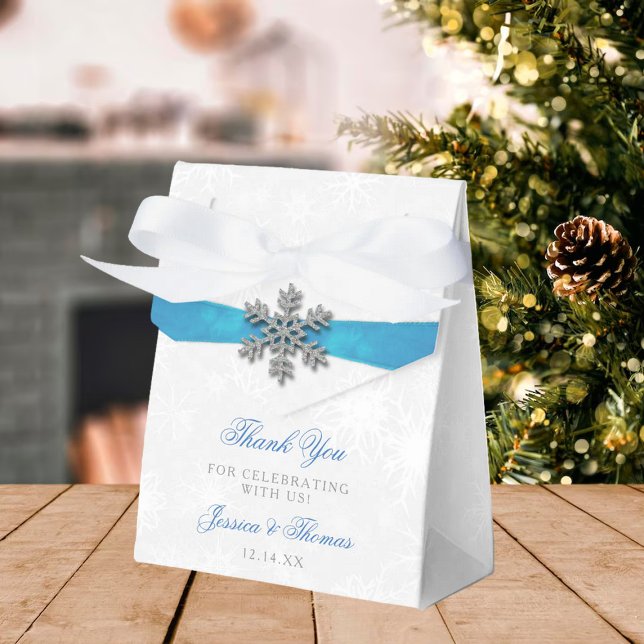Diamante Snowflake & Blue Ribbon Winter Wedding Favor Boxes (Creator Uploaded)