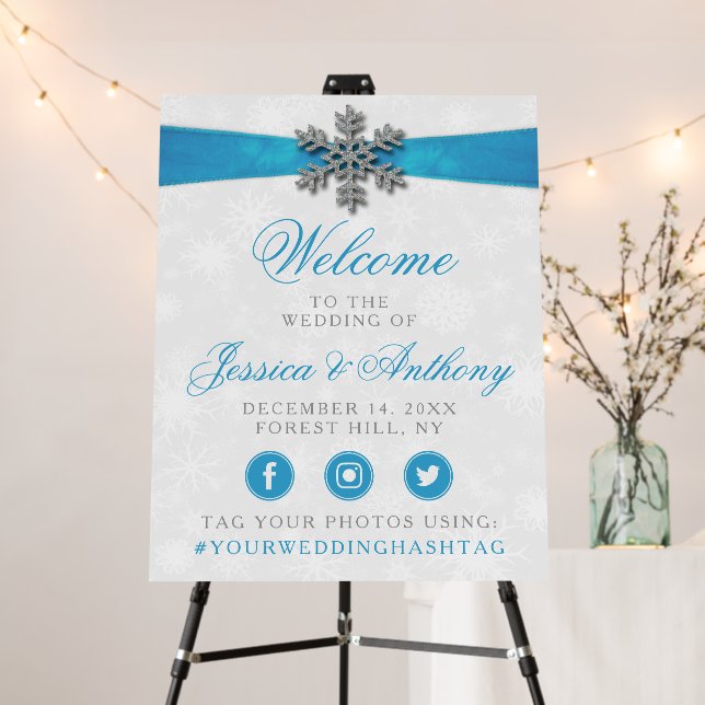 Diamante Snowflake & Blue Ribbon Winter Wedding Foam Board (In Situ (Stand))