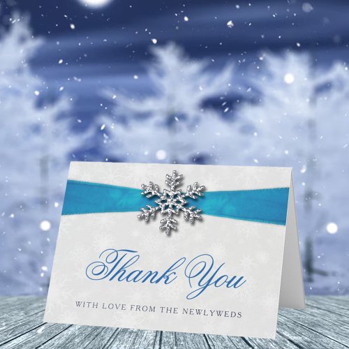 Diamante Snowflake  Blue Ribbon Winter Wedding Foil Greeting Card