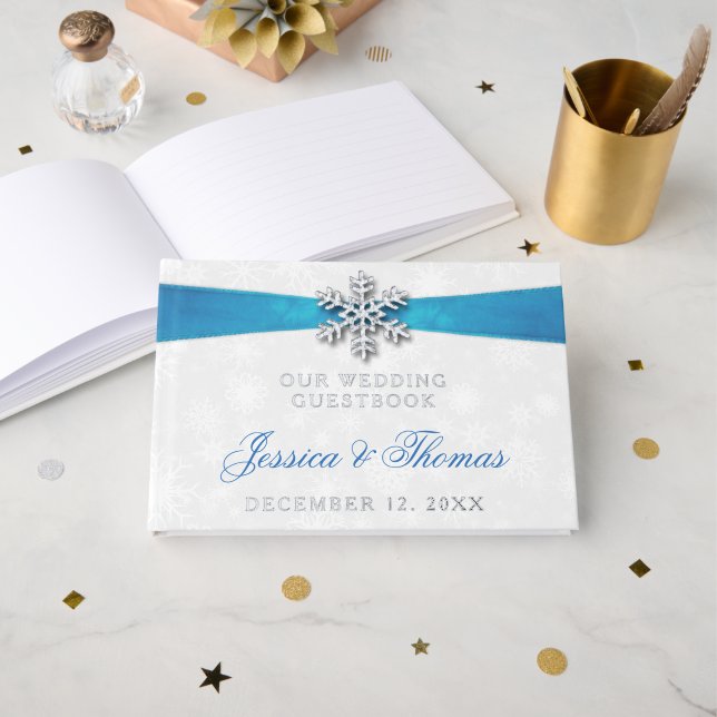 Diamante Snowflake & Blue Ribbon Winter Wedding Foil Guest Book (Front Open)