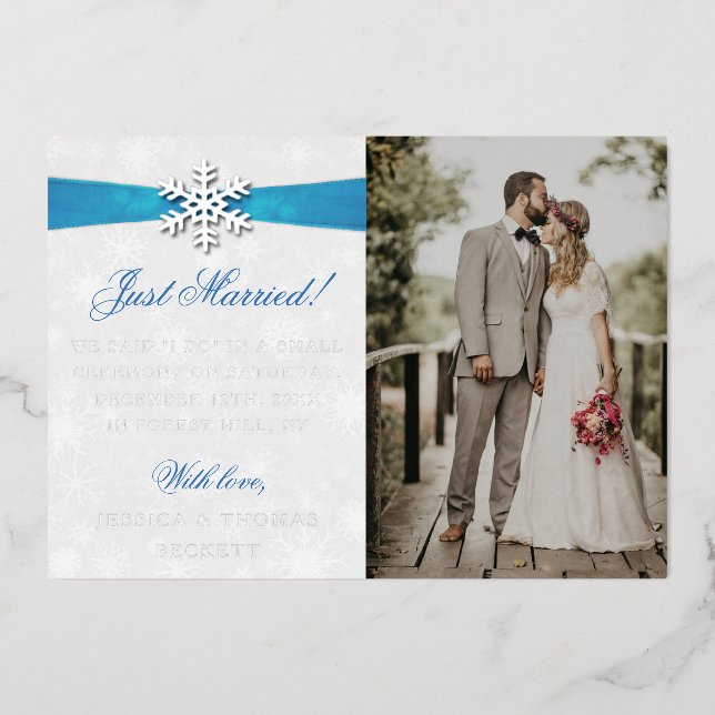 Diamante Snowflake & Blue Ribbon Winter Wedding Foil Invitation (Front)