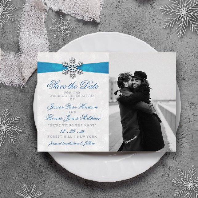 Diamante Snowflake & Blue Ribbon Winter Wedding Foil Invitation (Creator Uploaded)