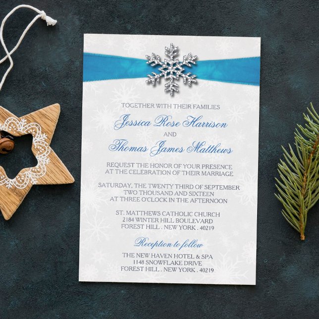Diamante Snowflake & Blue Ribbon Winter Wedding Foil Invitation (Creator Uploaded)