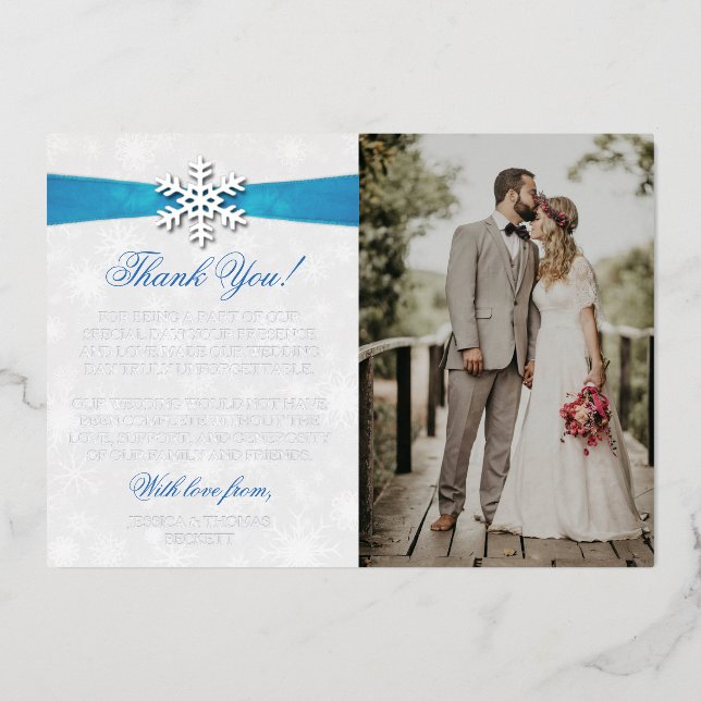Diamante Snowflake & Blue Ribbon Winter Wedding Foil Invitation (Front)