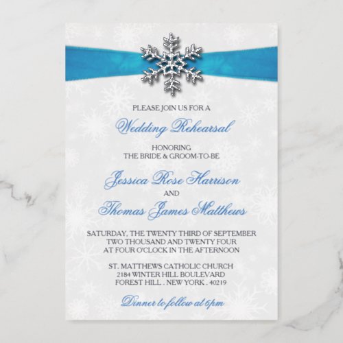 Diamante Snowflake  Blue Ribbon Winter Wedding Foil Invitation