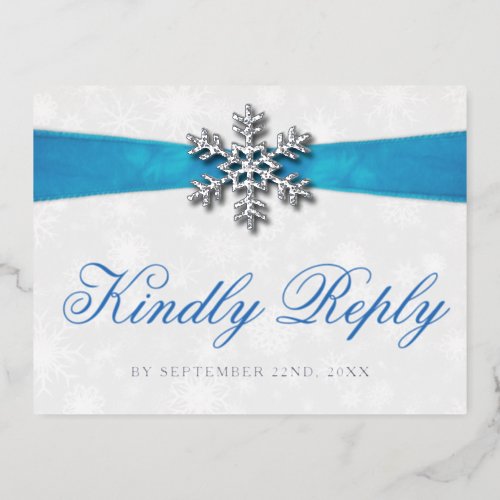 Diamante Snowflake  Blue Ribbon Winter Wedding Foil Invitation Postcard