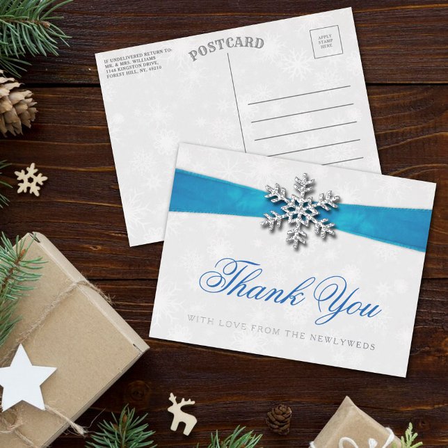 Diamante Snowflake & Blue Ribbon Winter Wedding Foil Invitation Postcard (Creator Uploaded)