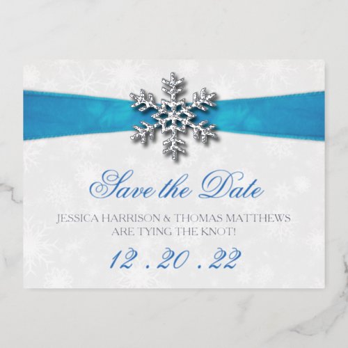 Diamante Snowflake  Blue Ribbon Winter Wedding Foil Invitation Postcard