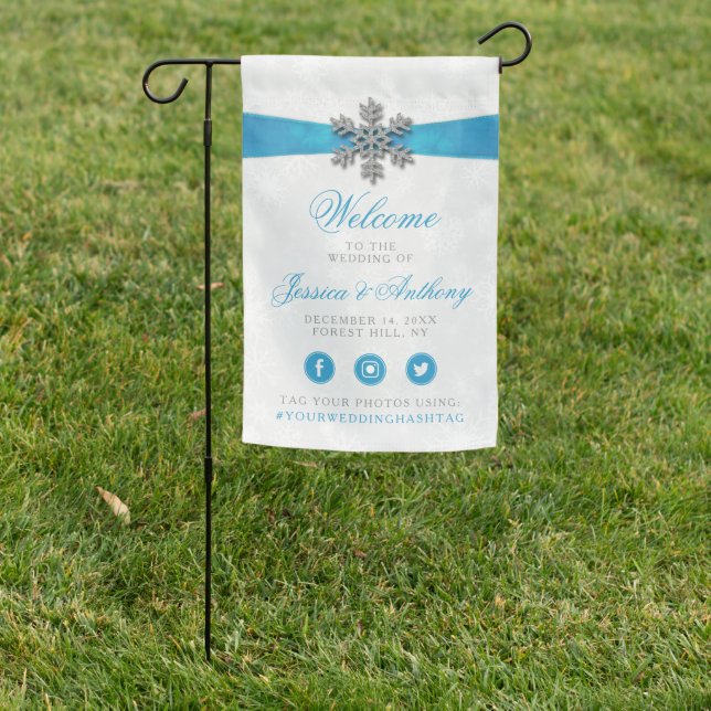 Diamante Snowflake & Blue Ribbon Winter Wedding Garden Flag (In SItu)