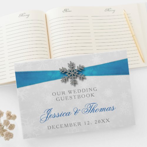 Diamante Snowflake  Blue Ribbon Winter Wedding Guest Book