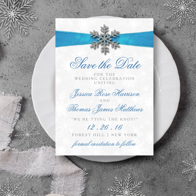 Diamante Snowflake & Blue Ribbon Winter Wedding Invitation (Creator Uploaded)