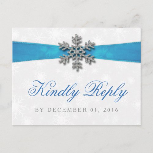 Diamante Snowflake  Blue Ribbon Winter Wedding Invitation Postcard
