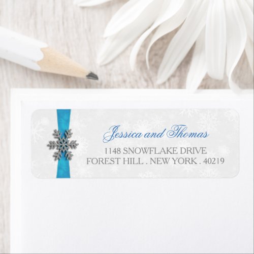 Diamante Snowflake  Blue Ribbon Winter Wedding Label