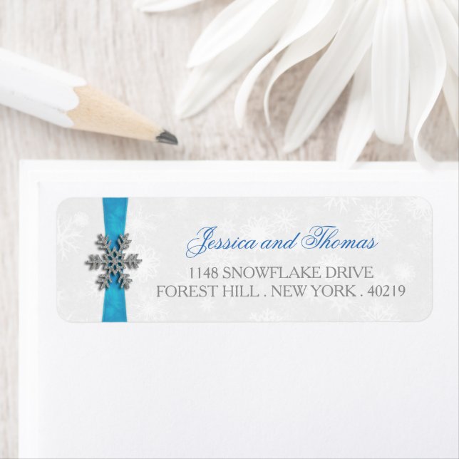 Diamante Snowflake & Blue Ribbon Winter Wedding Label (Insitu)