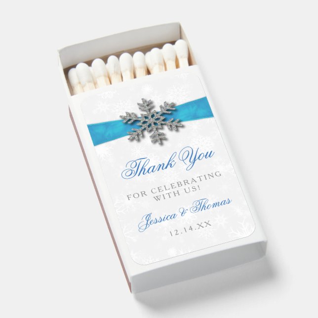 Diamante Snowflake & Blue Ribbon Winter Wedding Matchboxes (Front Open)