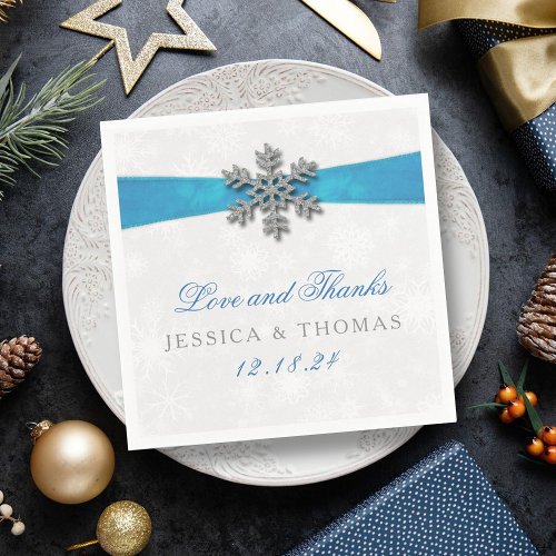 Diamante Snowflake  Blue Ribbon Winter Wedding Napkins