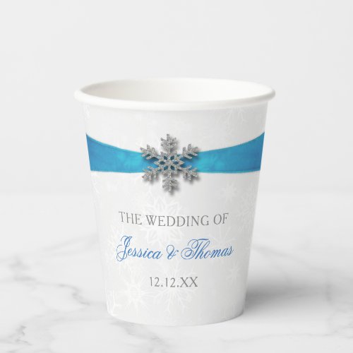 Diamante Snowflake  Blue Ribbon Winter Wedding Paper Cups