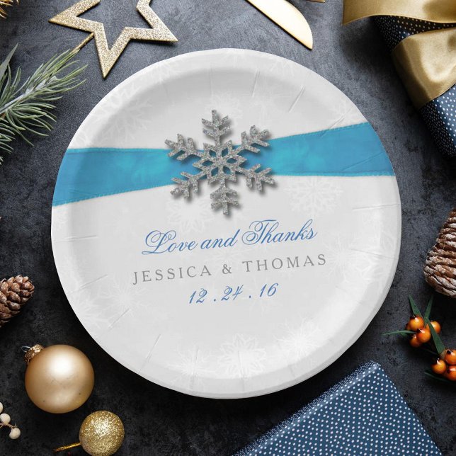 Diamante Snowflake & Blue Ribbon Winter Wedding Paper Plates (Creator Uploaded)