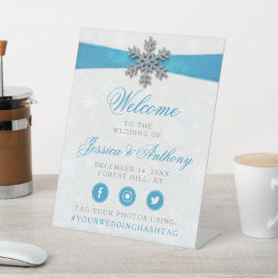 Diamante Snowflake & Blue Ribbon Winter Wedding Pedestal Sign