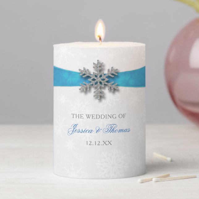 Diamante Snowflake & Blue Ribbon Winter Wedding Pillar Candle (In Situ)