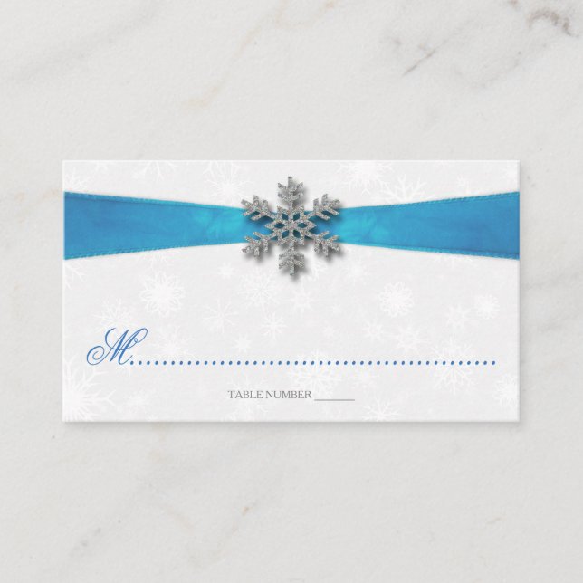Diamante Snowflake & Blue Ribbon Winter Wedding Place Card (Front)