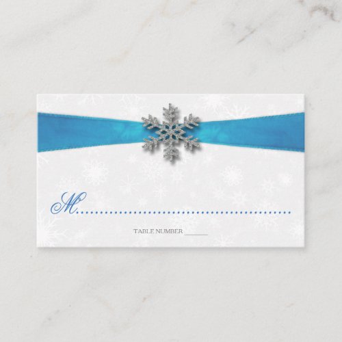 Diamante Snowflake  Blue Ribbon Winter Wedding Place Card