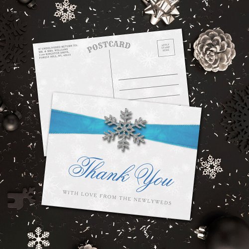 Diamante Snowflake  Blue Ribbon Winter Wedding Postcard