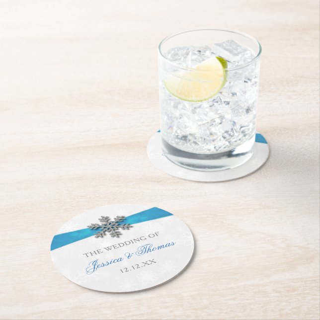 Diamante Snowflake & Blue Ribbon Winter Wedding Round Paper Coaster (Insitu)