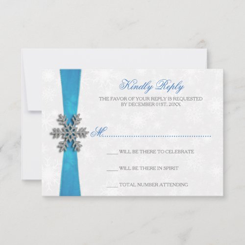 Diamante Snowflake  Blue Ribbon Winter Wedding RSVP Card